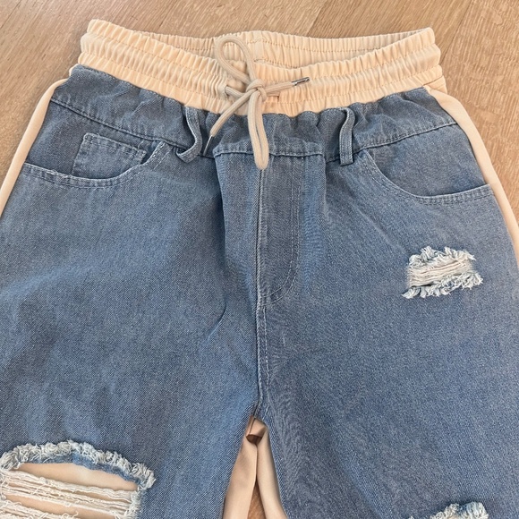 🔥Brand New Y2K Denim Patchwork Drawstring Distressed Jeans  Size S - Picture 6 of 11